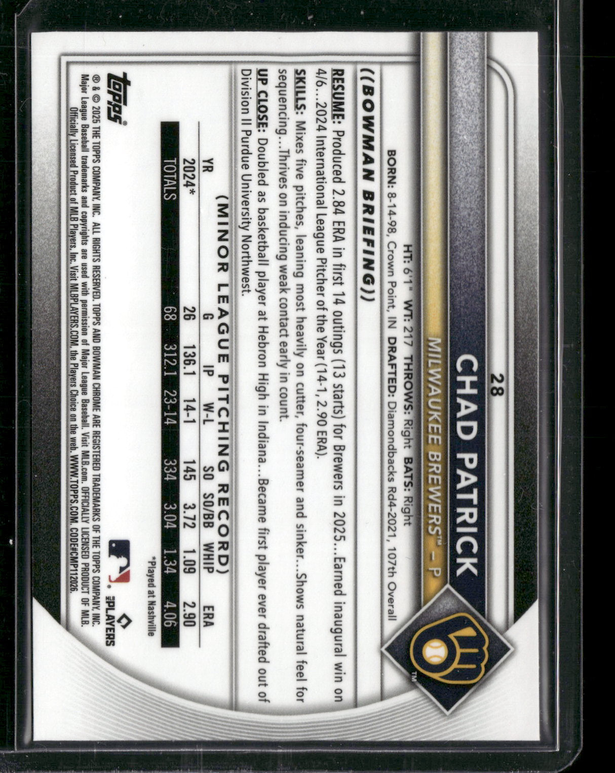2025 Bowman Chrome Chad Patrick #28 RC
