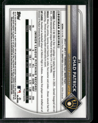 2025 Bowman Chrome Chad Patrick #28 RC