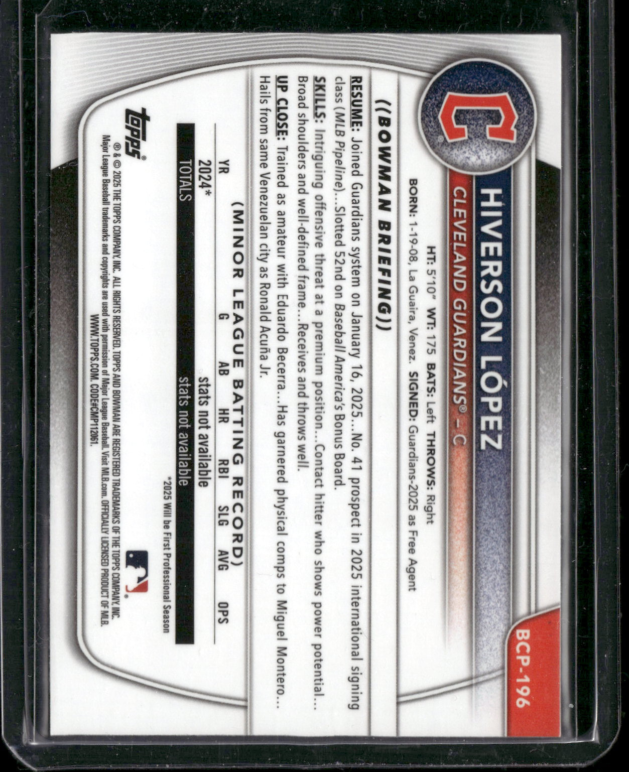 2025 Bowman Chrome Hiverson López #BCP-196 Laser Refractor 1st Bowman