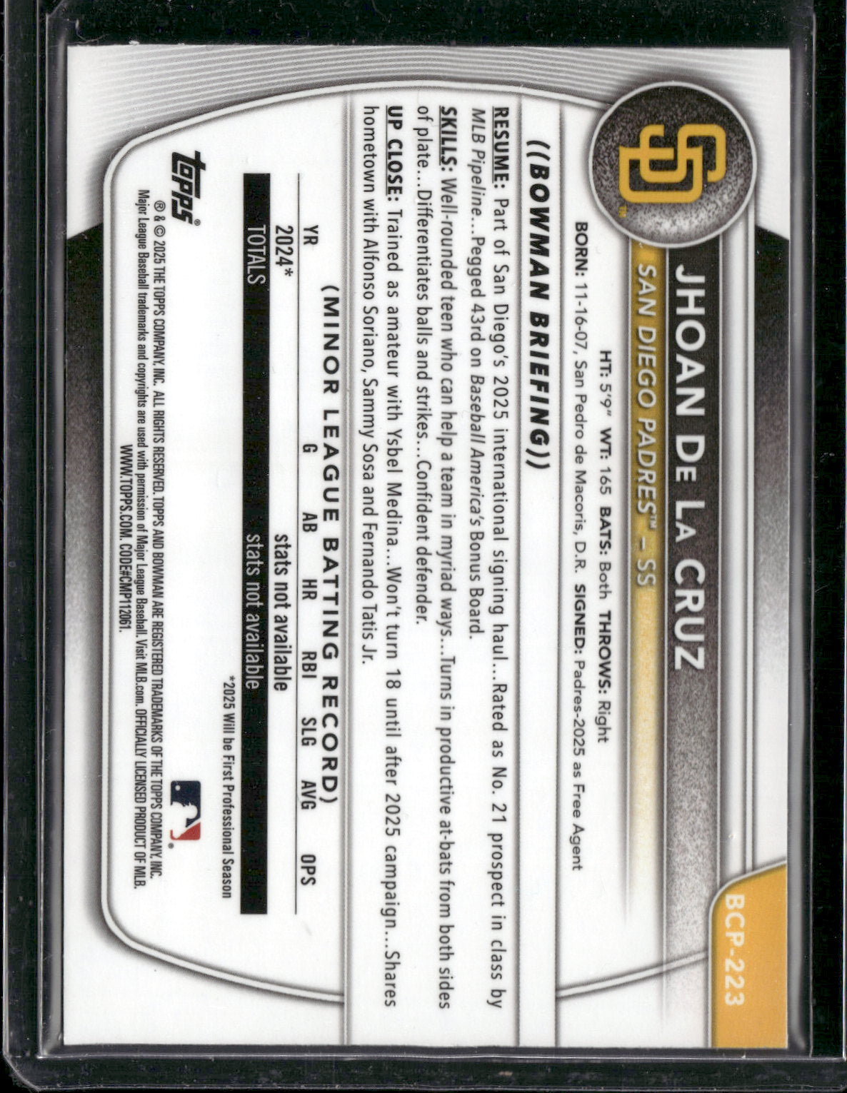 2025 Bowman Chrome Jhoan De La Cruz #BCP-223 Laser Refractor 1st Bowman