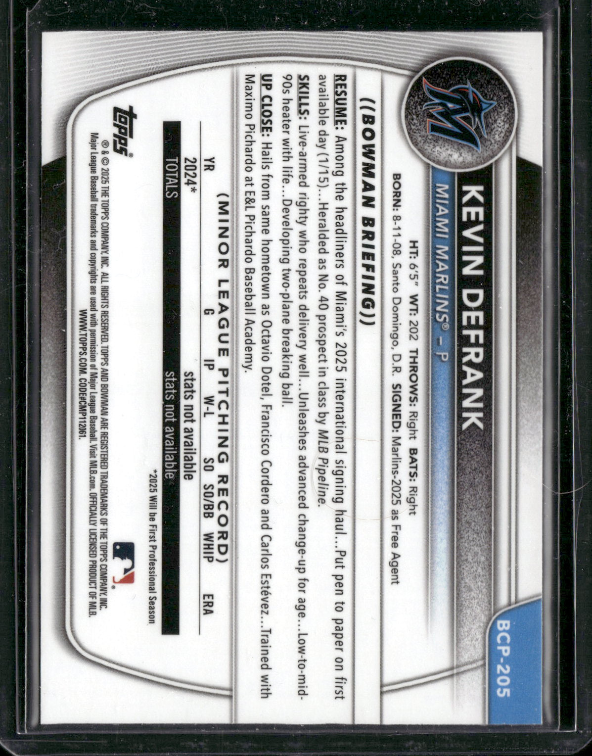 2025 Bowman Chrome Kevin Defrank #BCP-205 Laser Refrator 1st Bowman