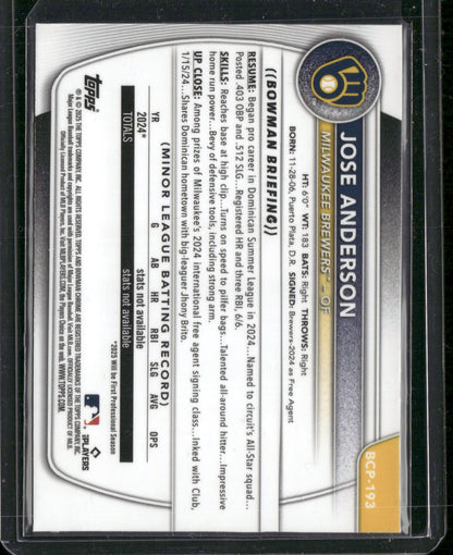 2025 Bowman Chrome Jose Anderson #BCP-193 Mega Box Mojo Refractor 1st Bowman