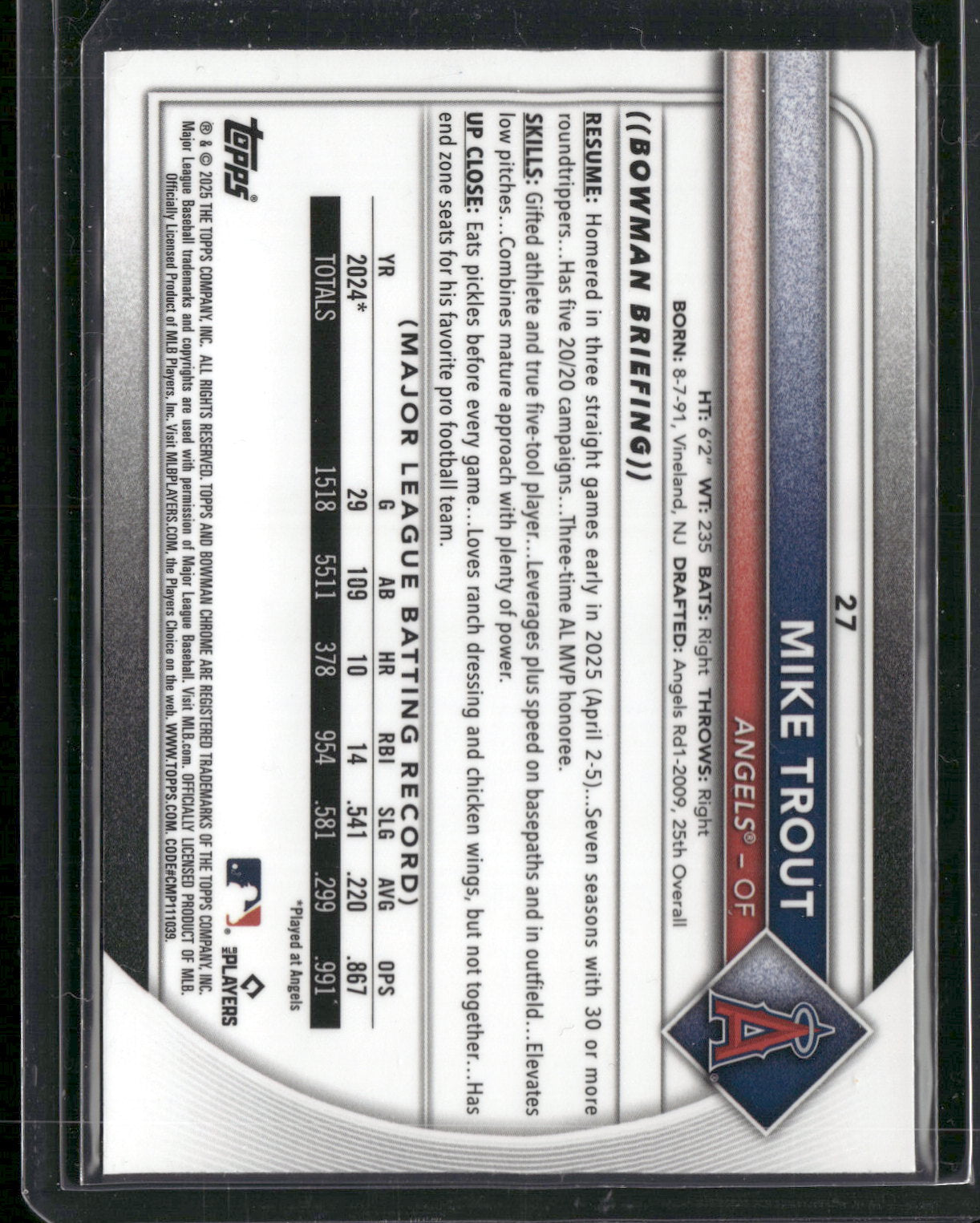 2025 Bowman Chrome Mike Trout #27 Mega Box Mojo Refractor