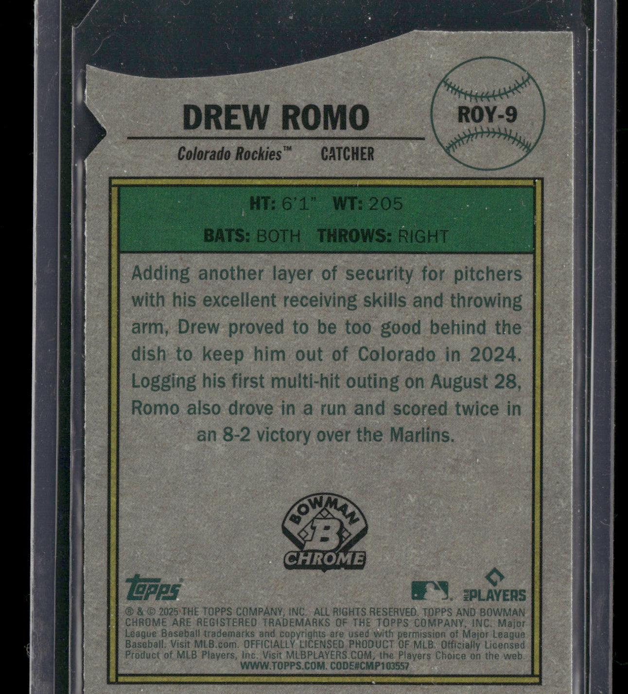 2025 Bowman Chrome Drew Romo #ROY-9 Mega Box Mojo Refractor Rookie of the Year Favorites RC