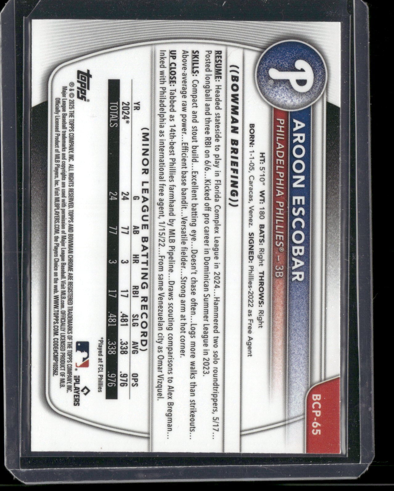 2025 Bowman Chrome Aroon Escobar #BCP-65 Mega Box Mojo Refractor 1st Bowman