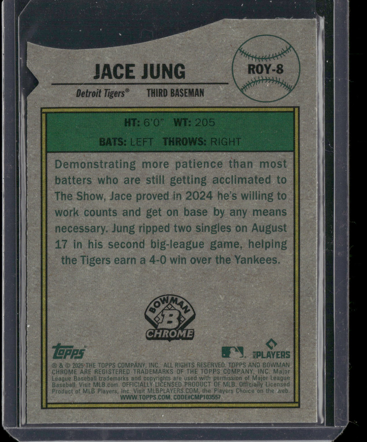 2025 Bowman Chrome Jace Jung #ROY-8 Mega Box Mojo Refractor Rookie of the Year Favorites RC