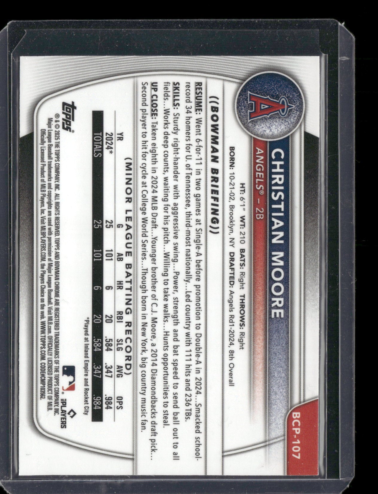 2025 Bowman Chrome Christian Moore #BCP-107 Burgundy Mojo Refractor /275