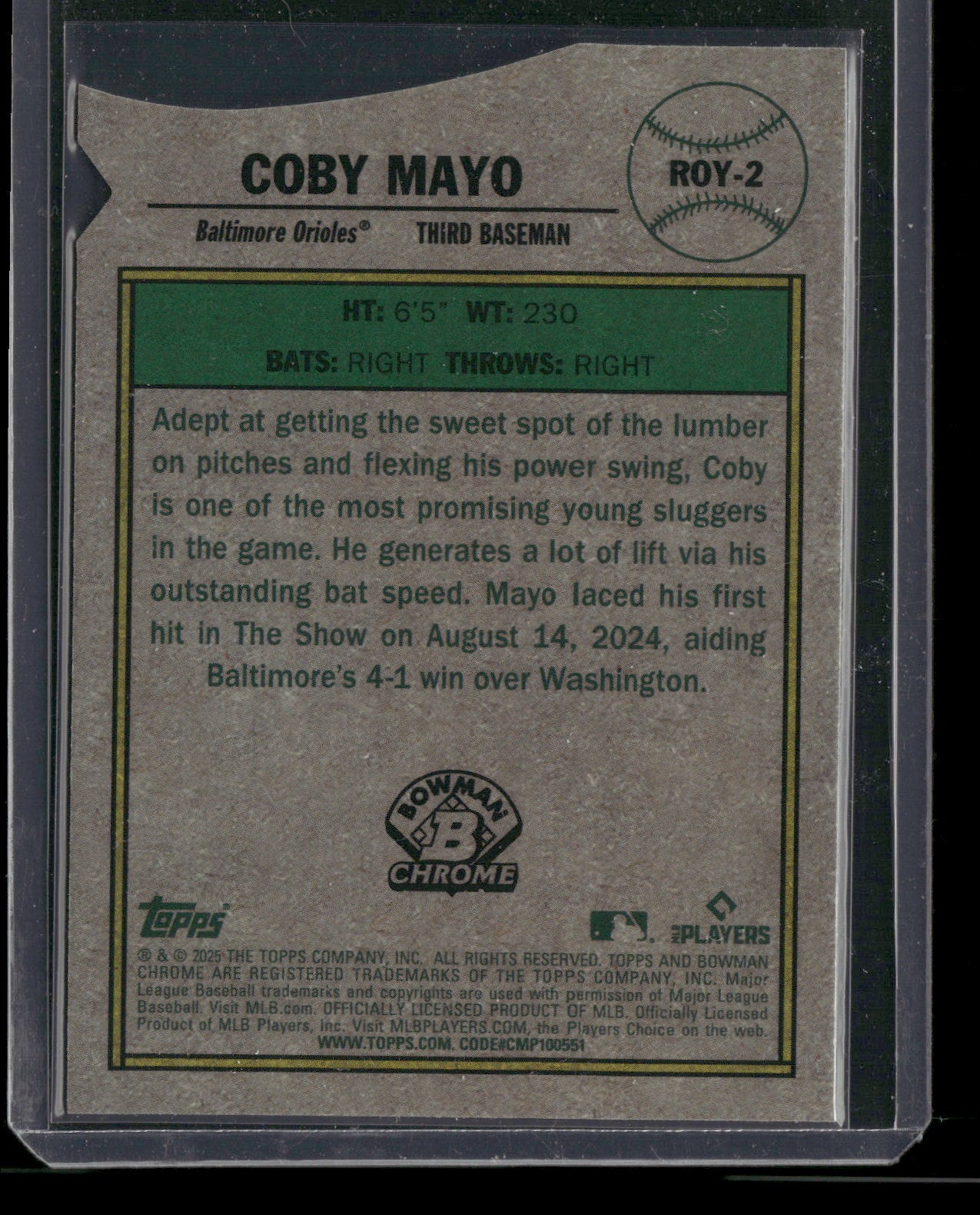 2025 Bowman Chrome Coby Mayo #ROY-2 Rookie of the Year Favorites RC