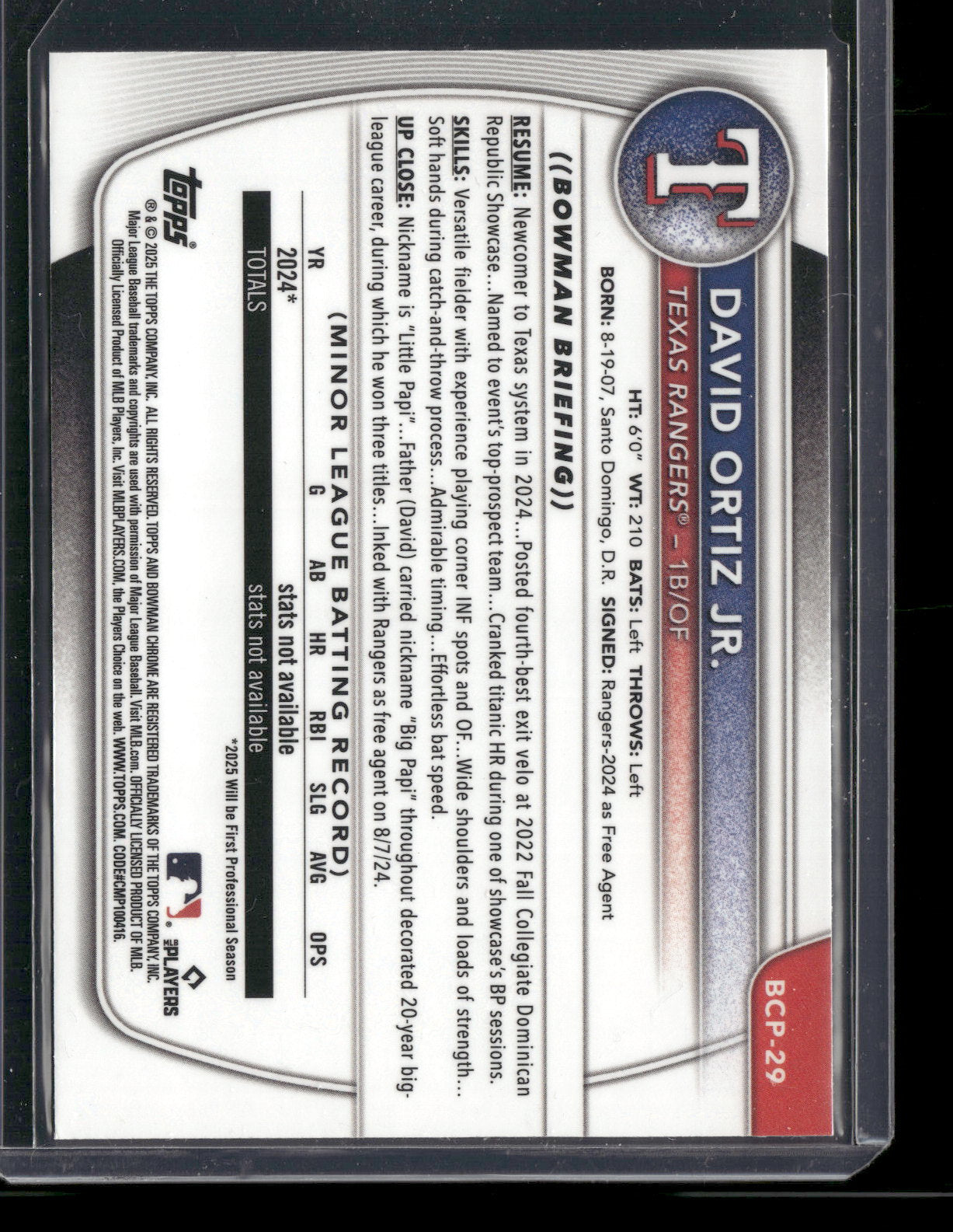 2025 Bowman Chrome David Ortiz Jr. #BCP-29 1st Bowman