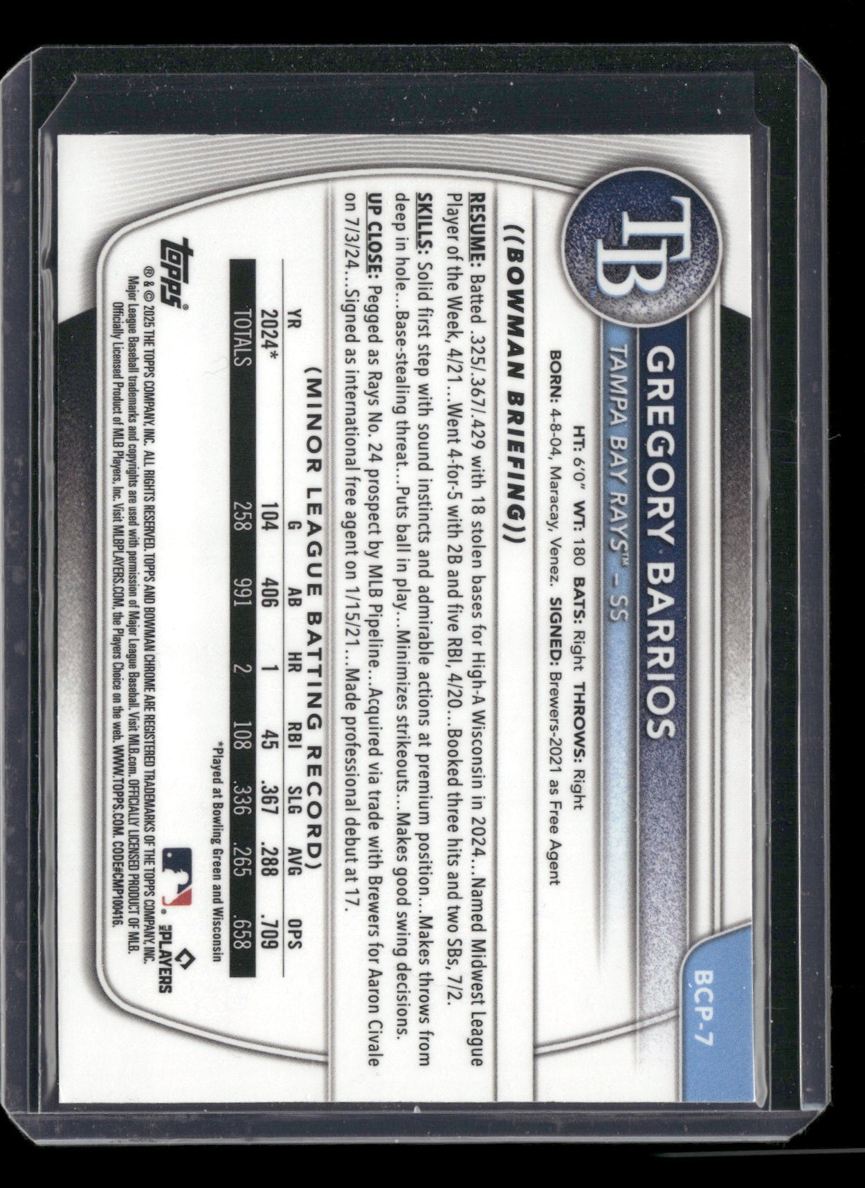 2025 Bowman Chrome Gregory Barrios #BCP-7 1st Bowman