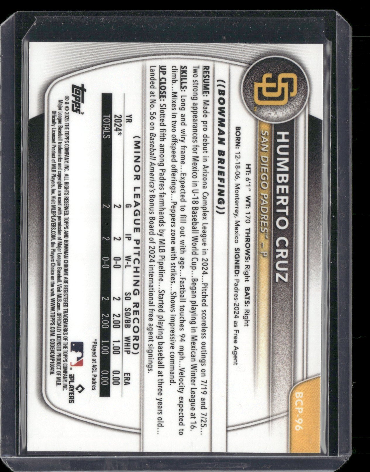 2025 Bowman Chrome Humberto Cruz #BCP-96 1st Bowman