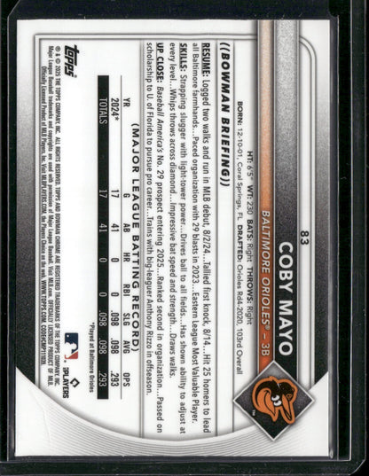 2025 Bowman Chrome Coby Mayo #83 Mega Box Mojo Refractor RC