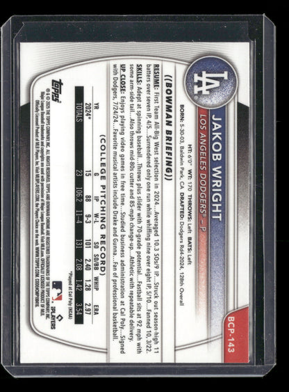 2025 Bowman Chrome Jakob Wright #BCP-143 1st Bowman