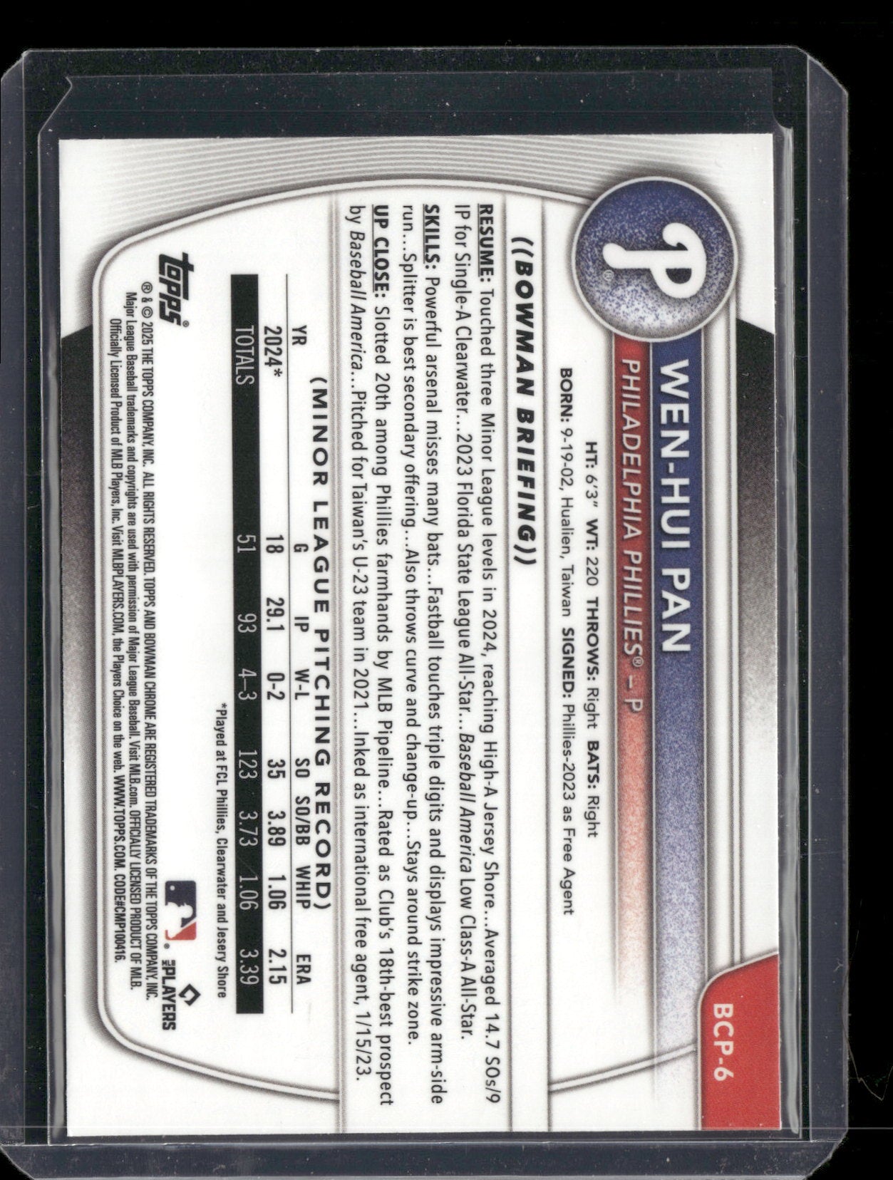 2025 Bowman Chrome Wen-Hui Pan #BCP-6 1st Bowman