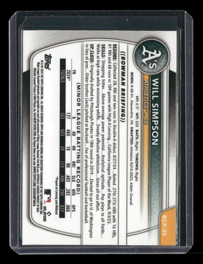 2025 Bowman Chrome Will Simpson #BCP-35 1st Bowman