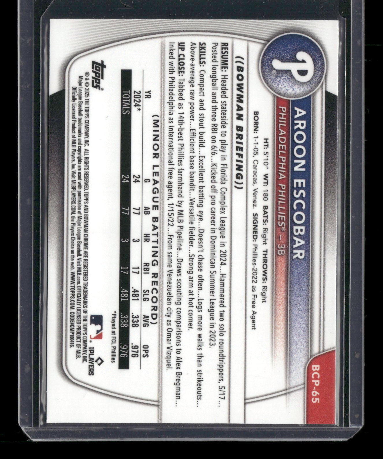 2025 Bowman Chrome Aroon Escobar #BCP-65 1st Bowman