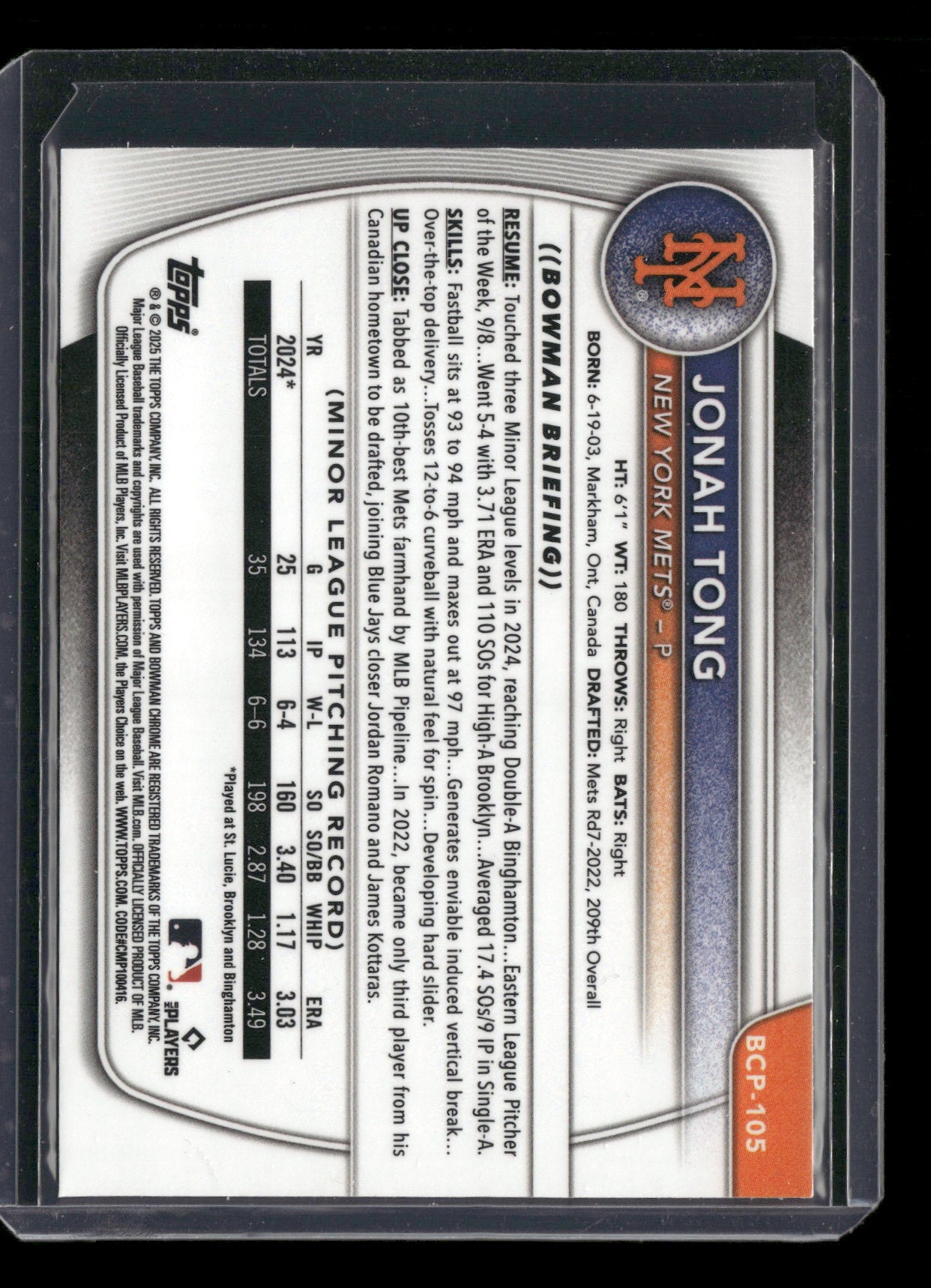 2025 Bowman Chrome Jonah Tong #BCP-105 1st Bowman