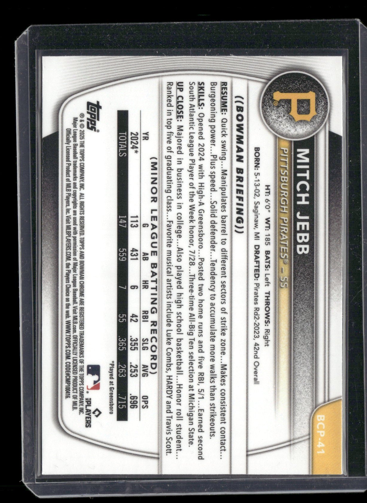 2025 Bowman Chrome Mitch Jebb #BCP-41 1st Bowman