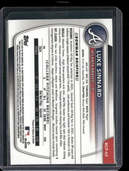 2025 Bowman Chrome Luke Sinnard #BCP-62 1st Bowman