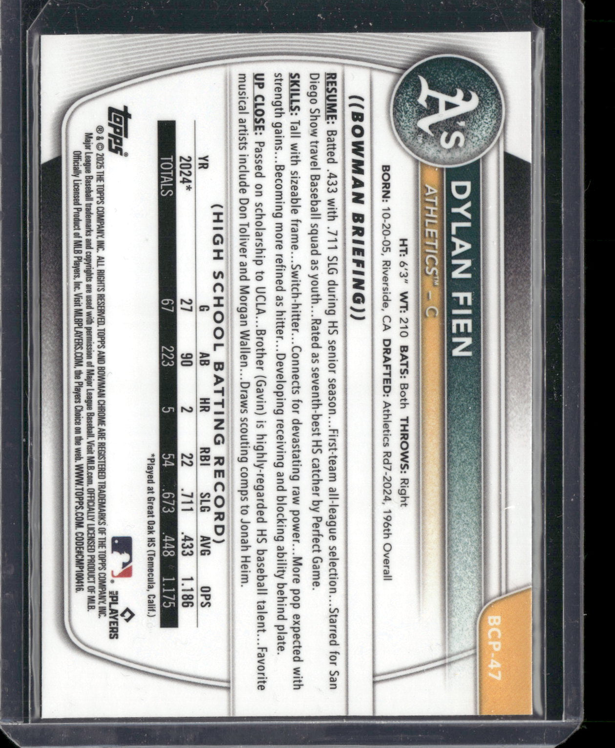 2025 Bowman Chrome Dylan Fien #BCP-47 Reptilian Refractor 1st Bowman