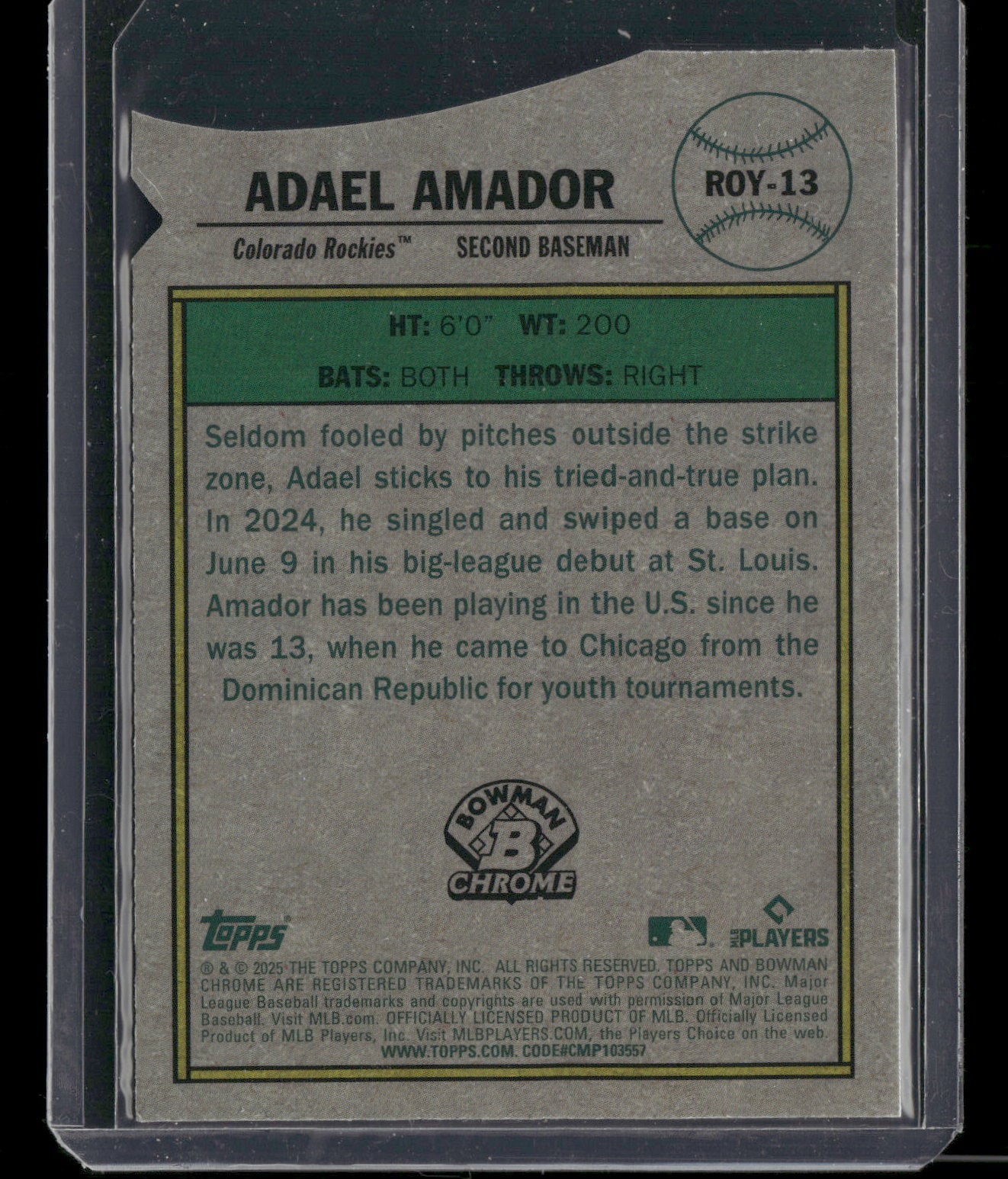 2025 Bowman Chrome Adael Amador #ROY-13 Mega Box Mojo Refractor Rookie of the Year Favorites RC