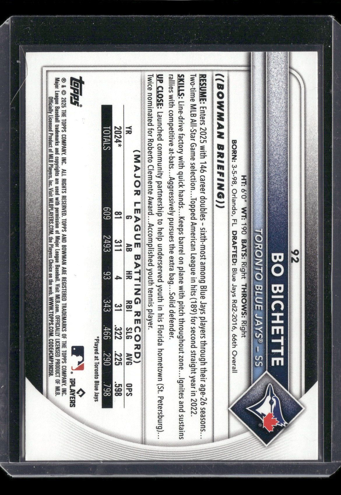2025 Bowman Bo Bichette #92 Purple /250