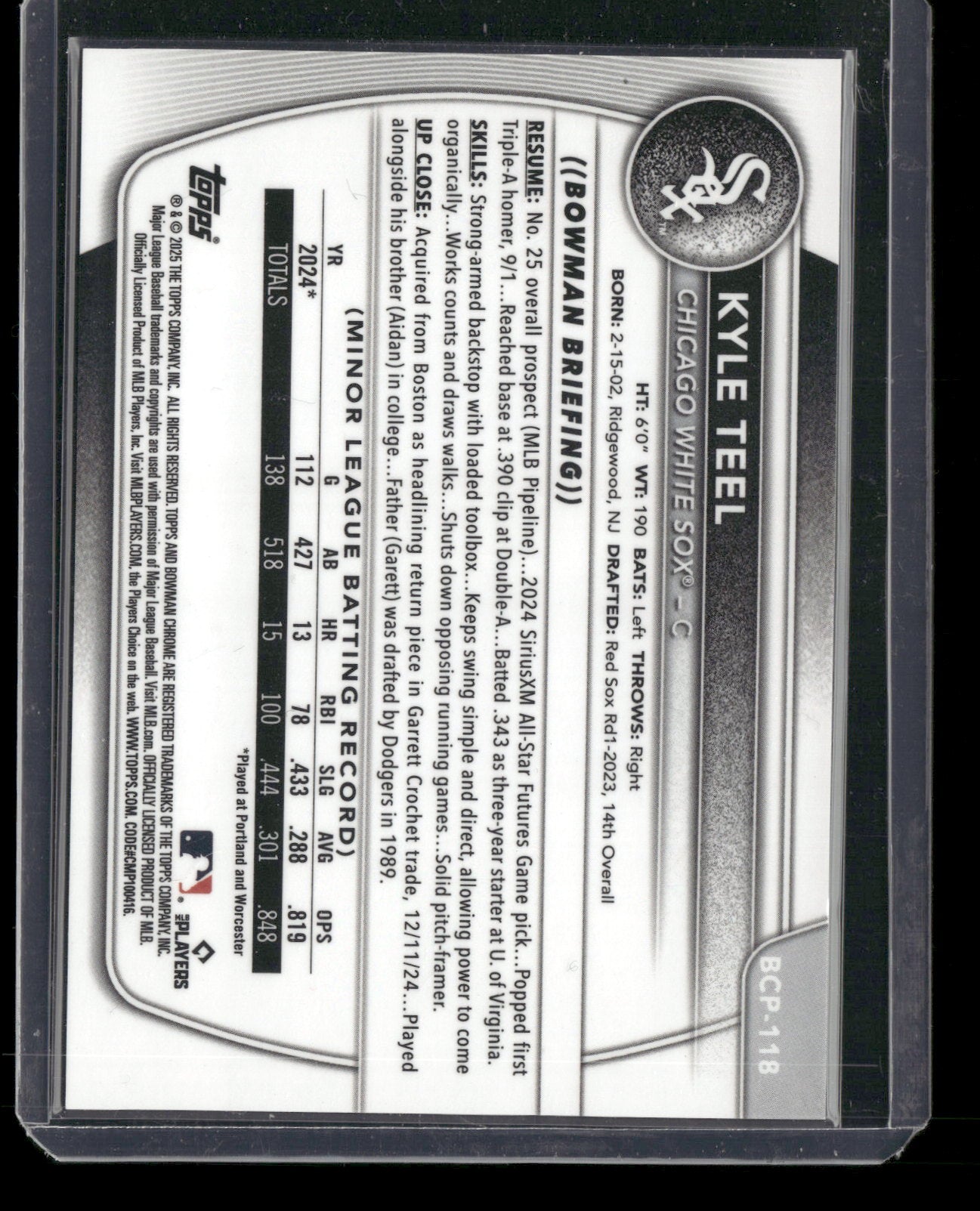 2025 Bowman Chrome Kyle Teel #BCP-118 Gold Shimmer Refractor /50