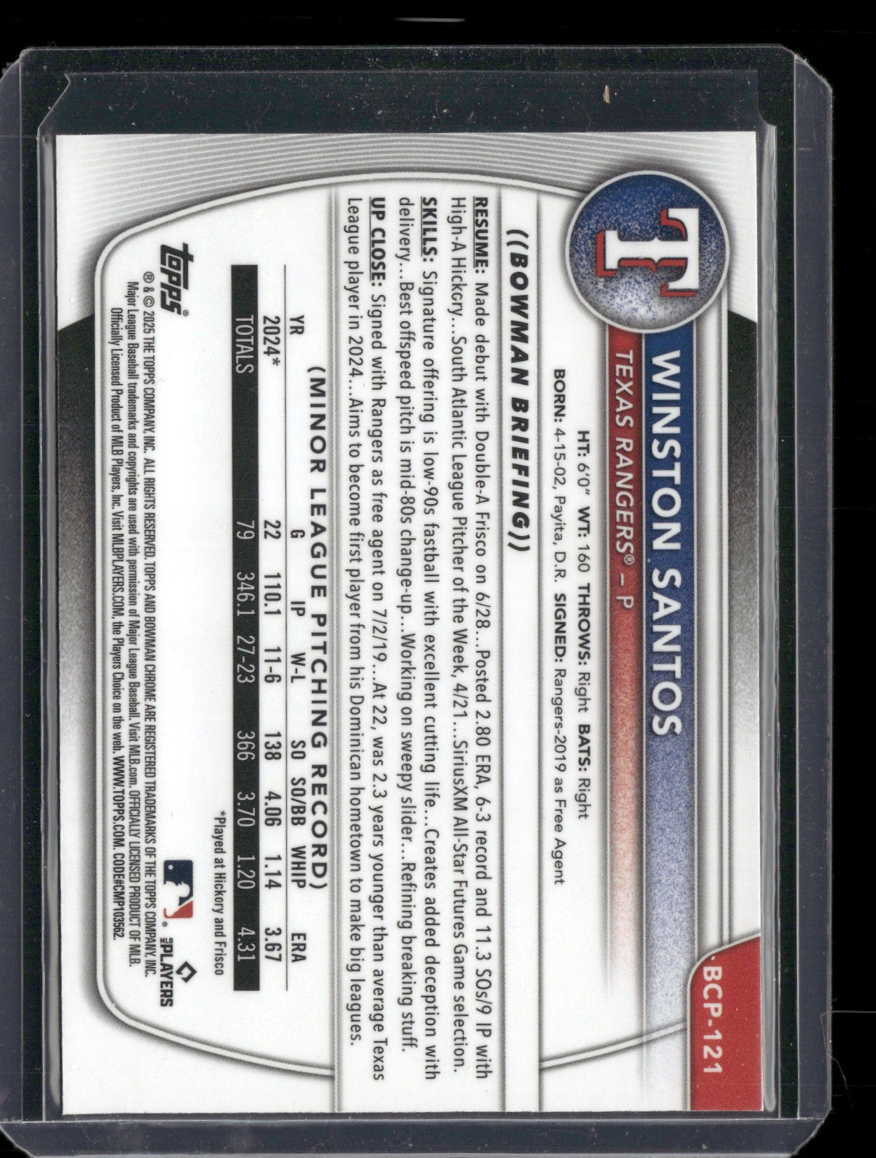 2025 Bowman Chrome Winston Santos #BCP-121 Mega Box Mojo Refractor 1st Bowman