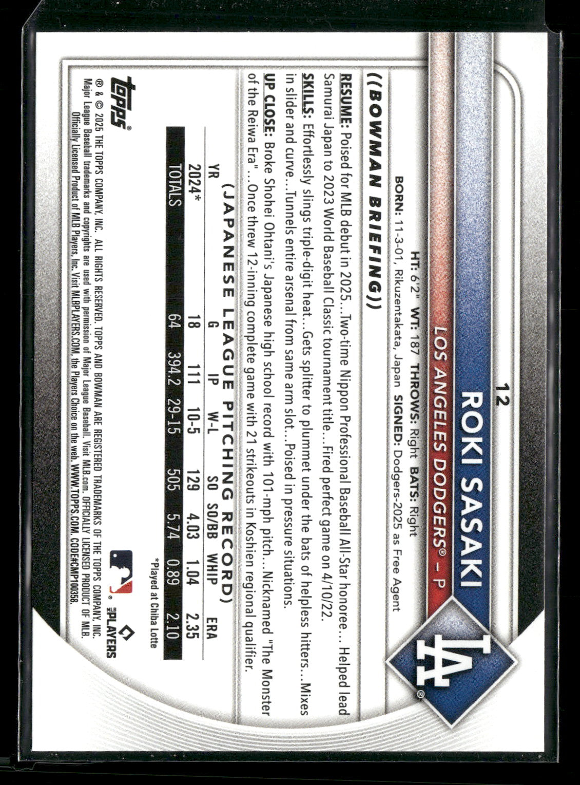 2025 Bowman Roki Sasaki #12 RC