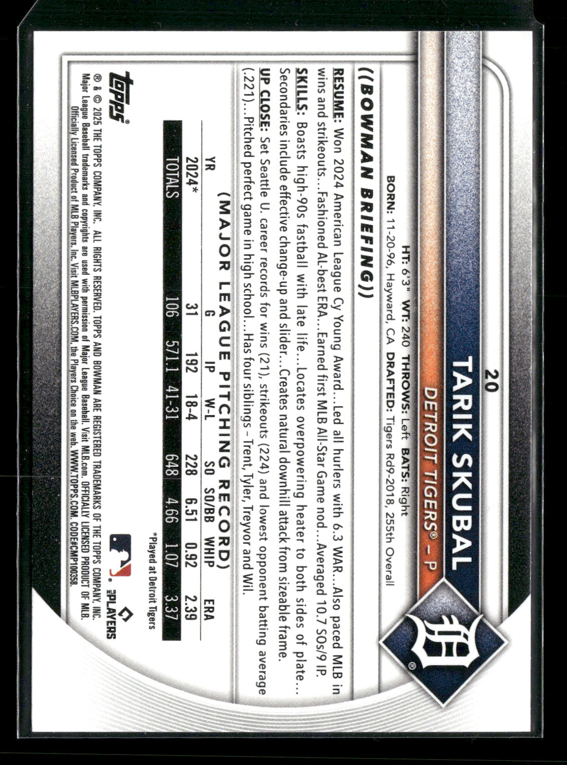 2025 Bowman Tarik Skubal #20