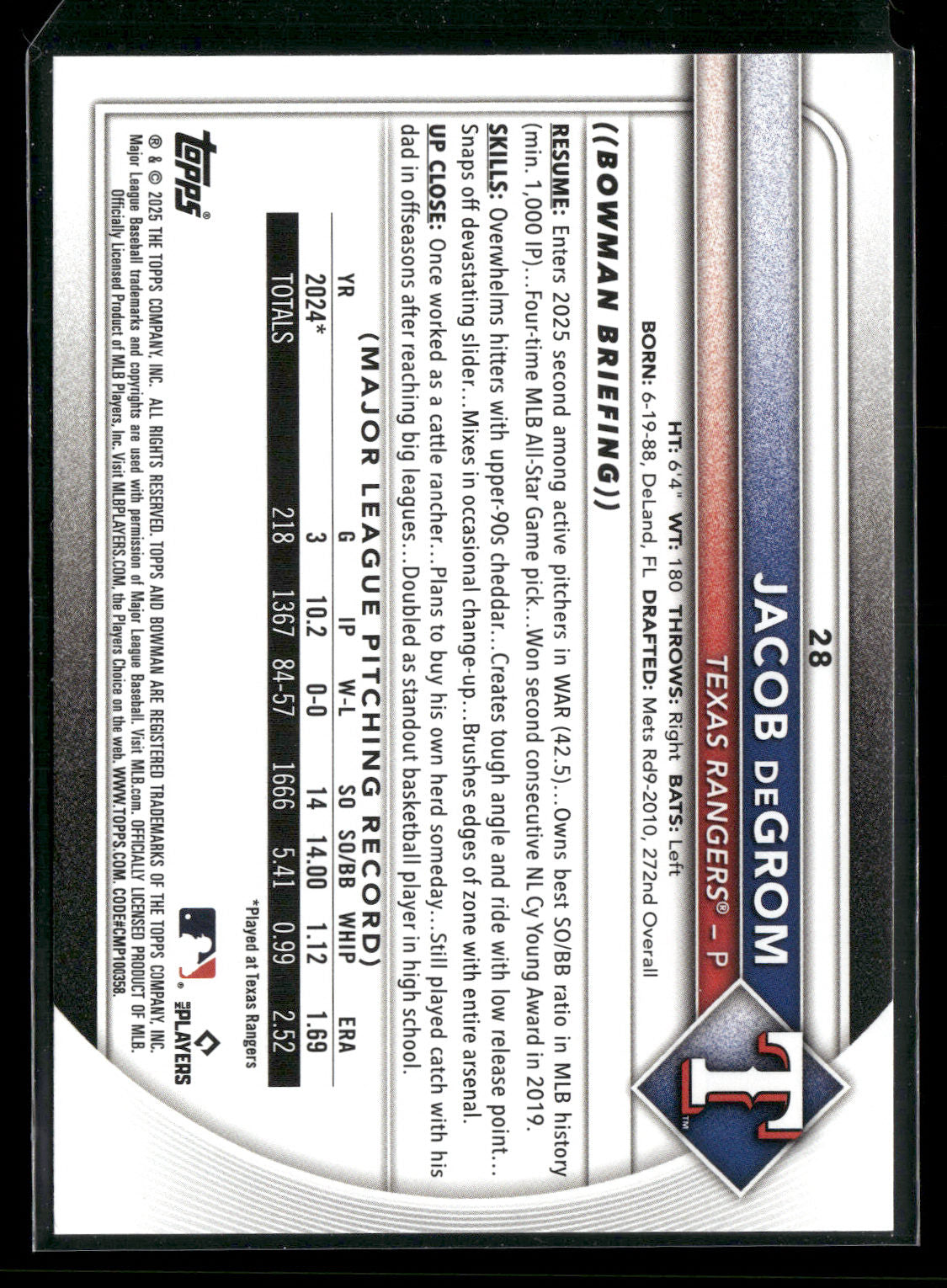 2025 Bowman Jacob deGrom #28