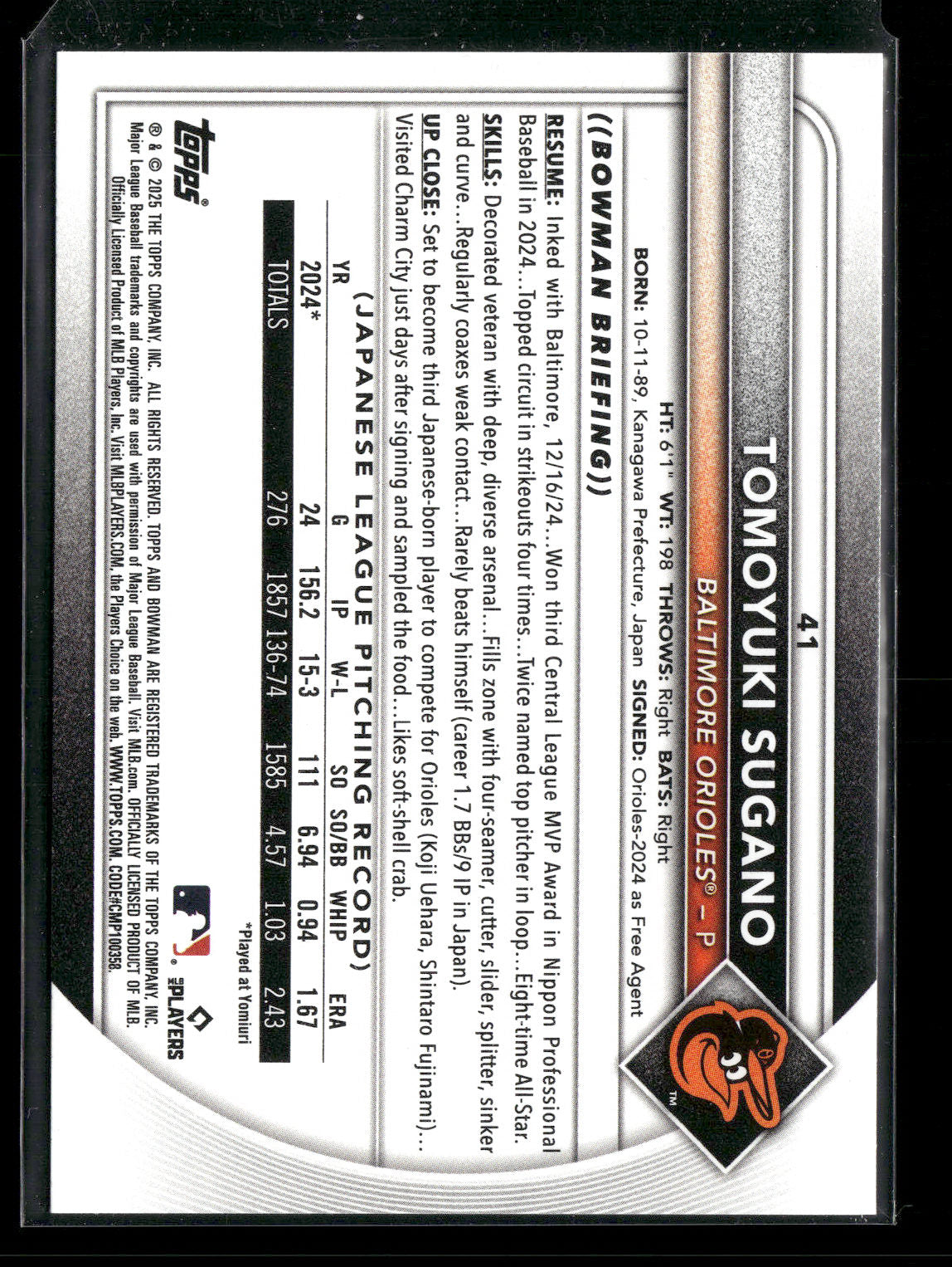 2025 Bowman Tomoyuki Sugano #41 RC