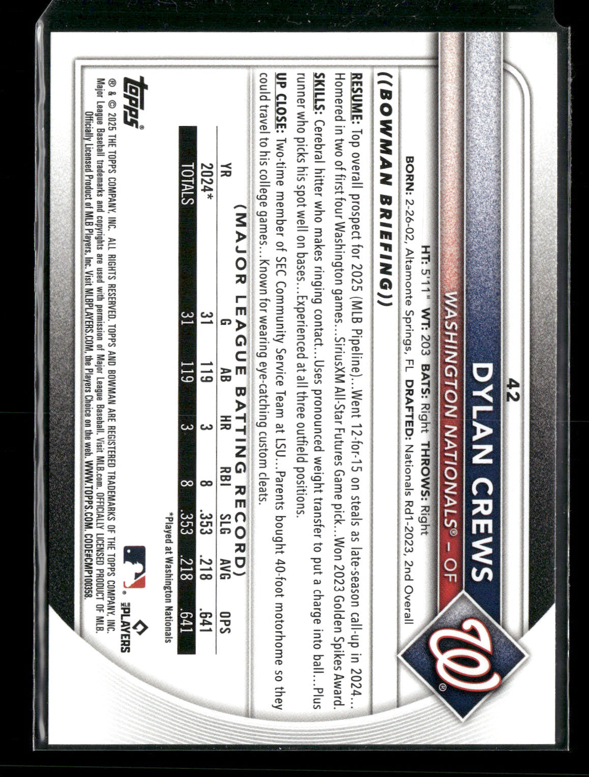 2025 Bowman Dylan Crews #42 RC