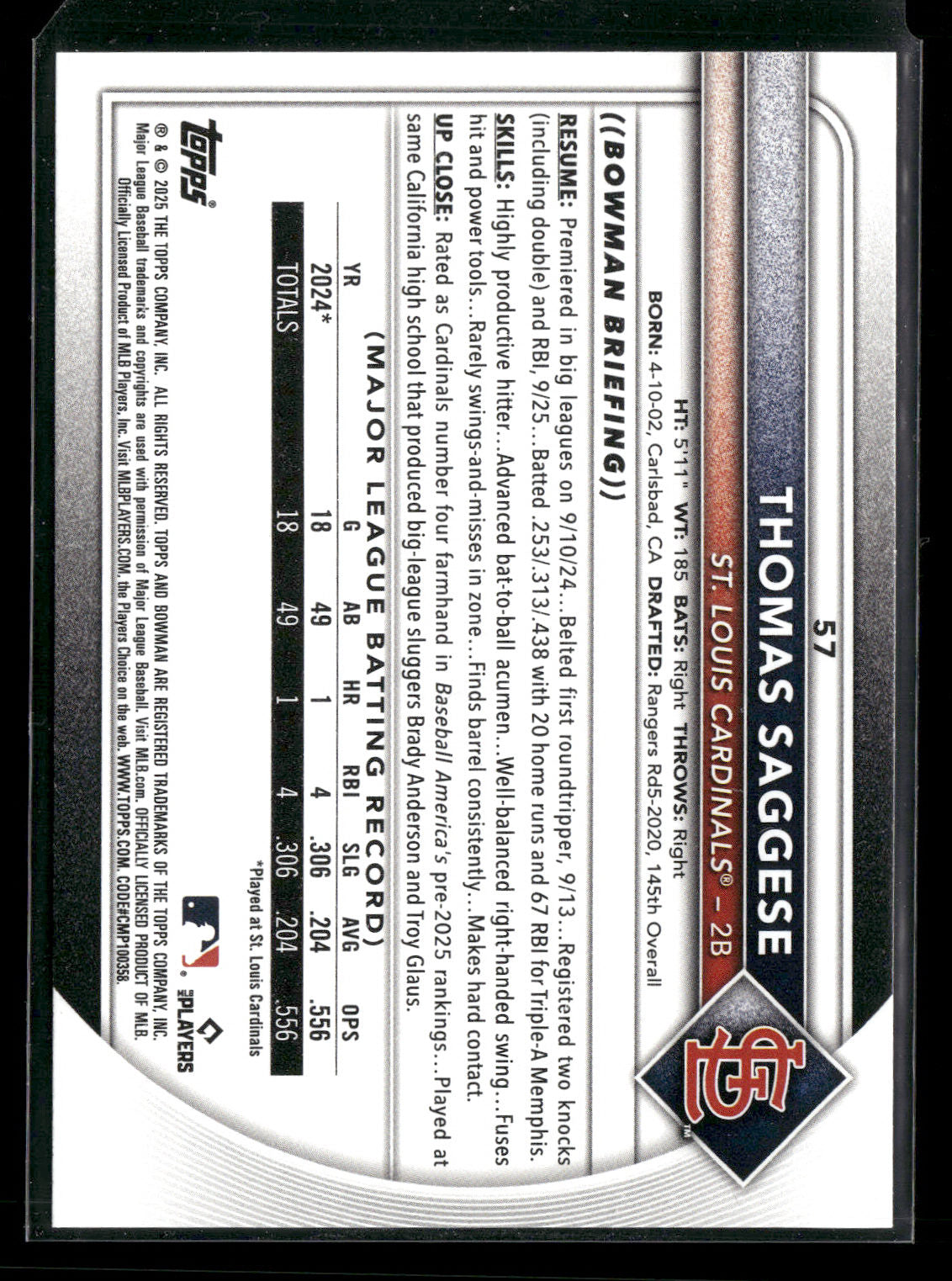 2025 Bowman Thomas Saggese #57 RC