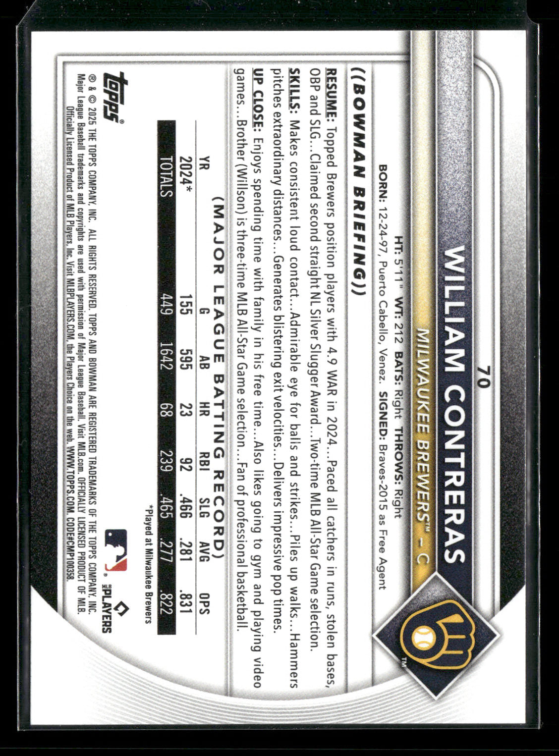 2025 Bowman William Contreras #70