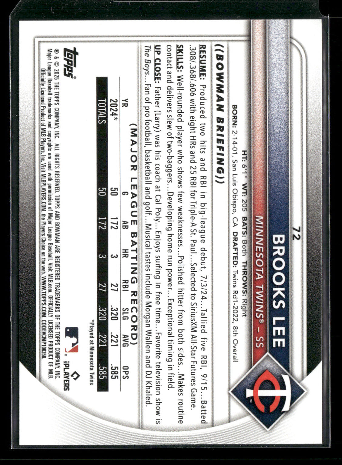 2025 Bowman Brooks Lee #72 RC