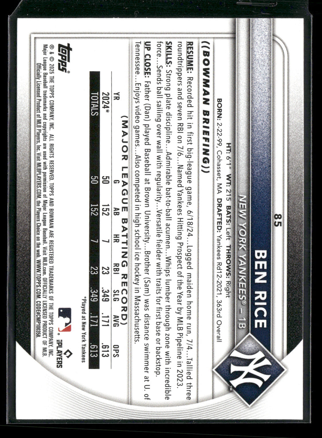2025 Bowman Ben Rice #85 RC
