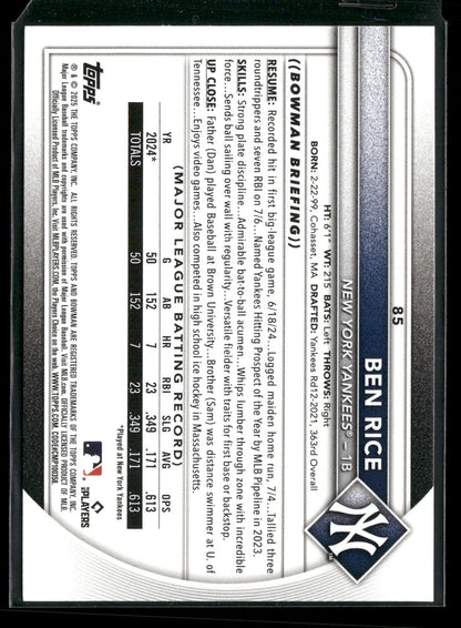 2025 Bowman Ben Rice #85 RC
