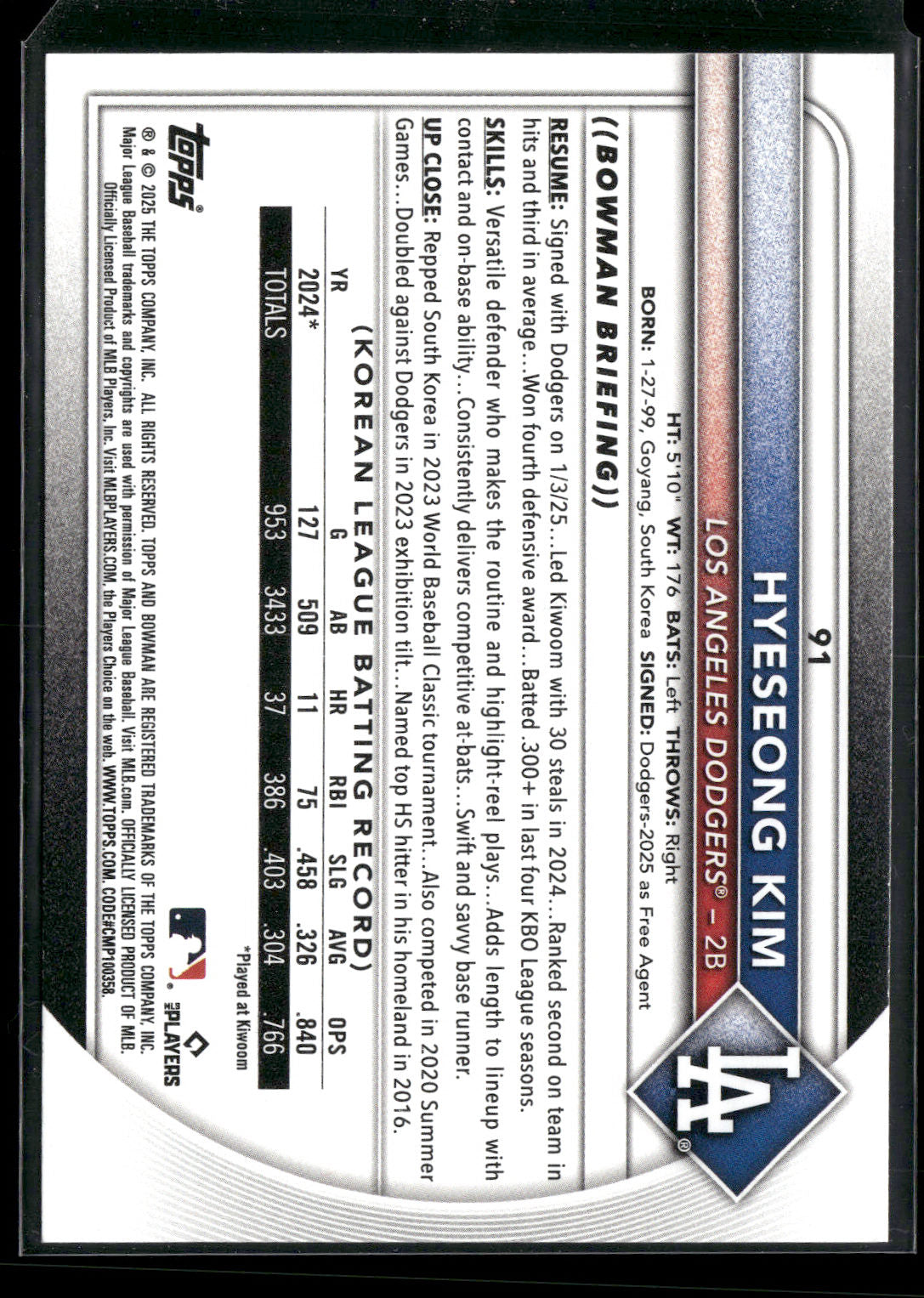 2025 Bowman Hyeseong Kim #91 RC