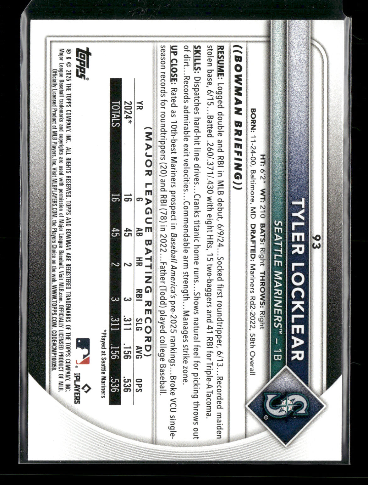 2025 Bowman Tyler Locklear #93 RC
