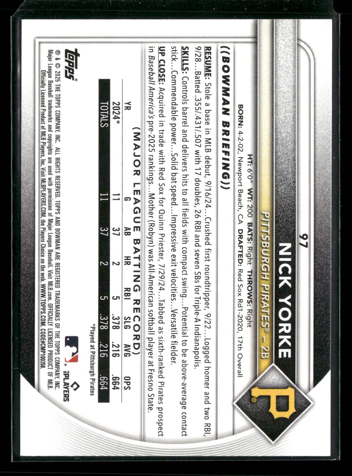 2025 Bowman Nick Yorke #97 RC