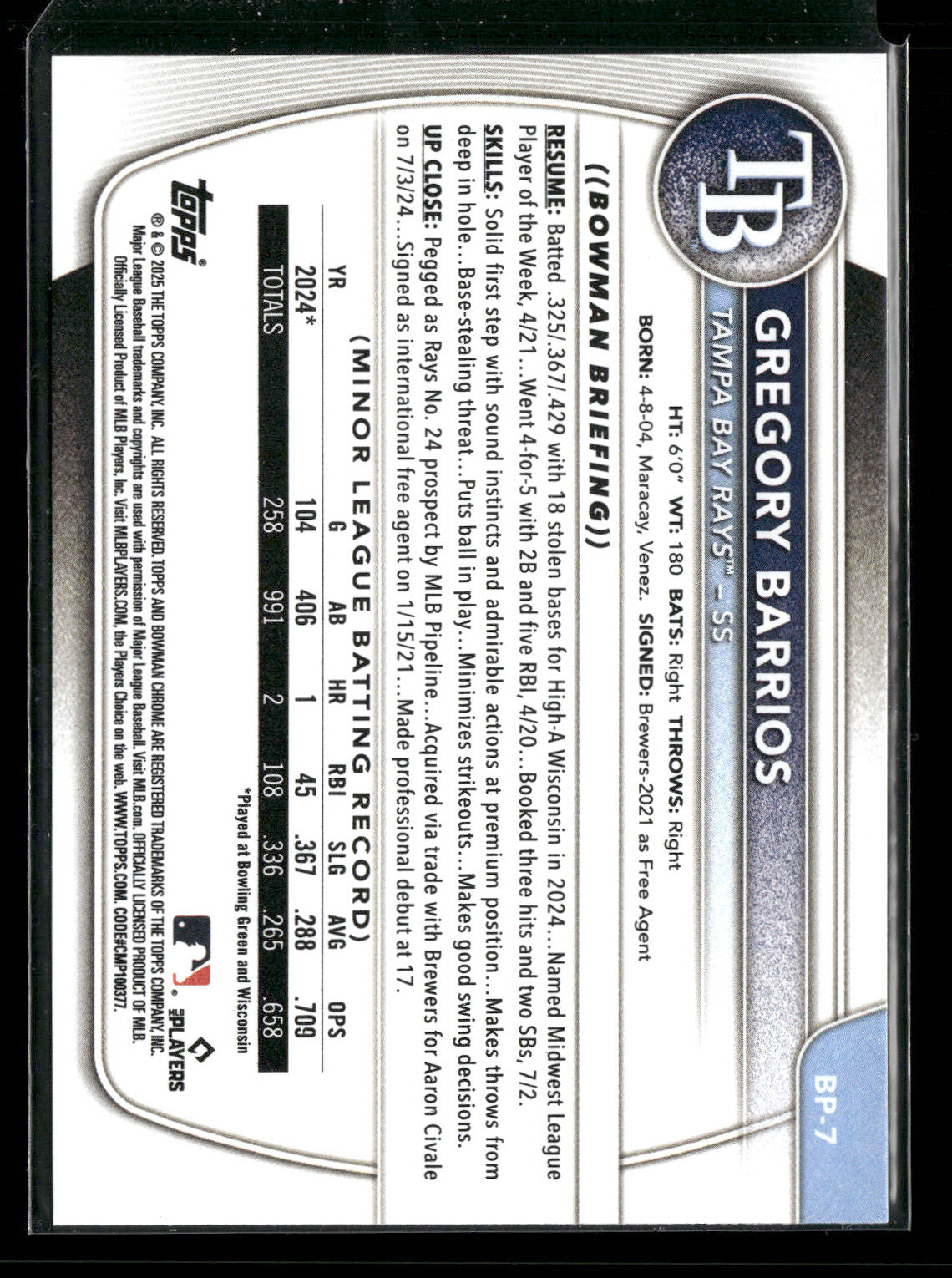 2025 Bowman Gregory Barrios #BP-7 1st Bowman
