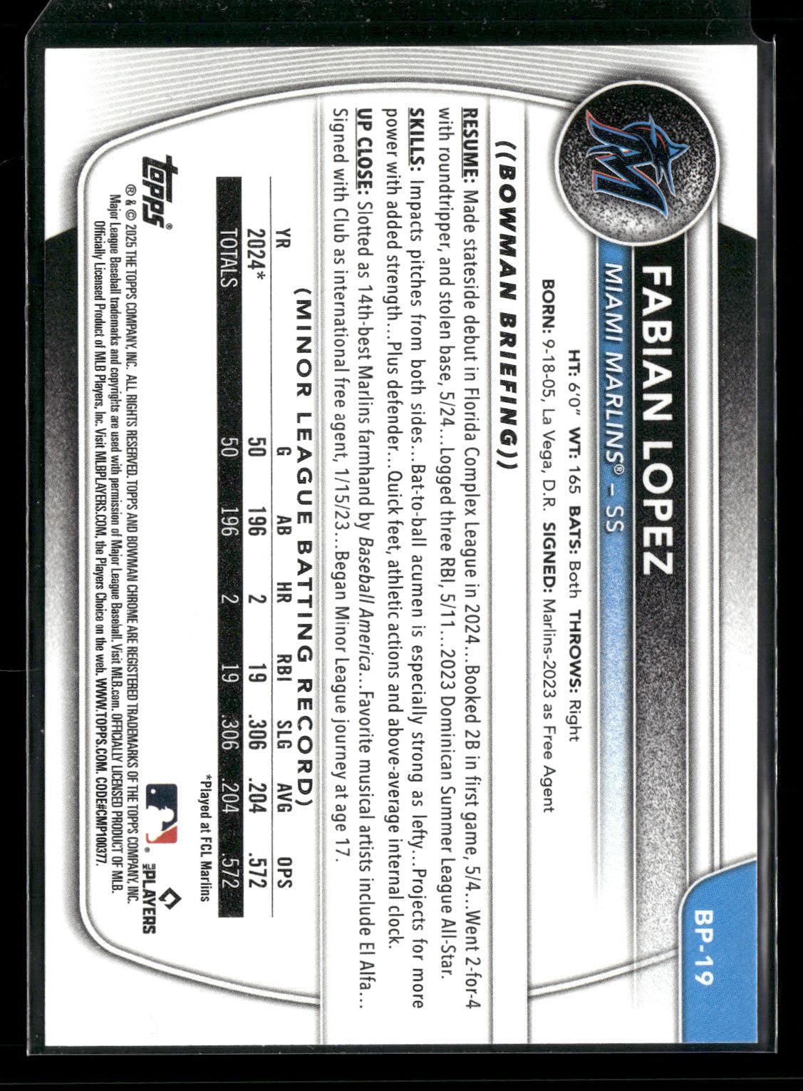 2025 Bowman Fabian Lopez #BP-19 1st Bowman