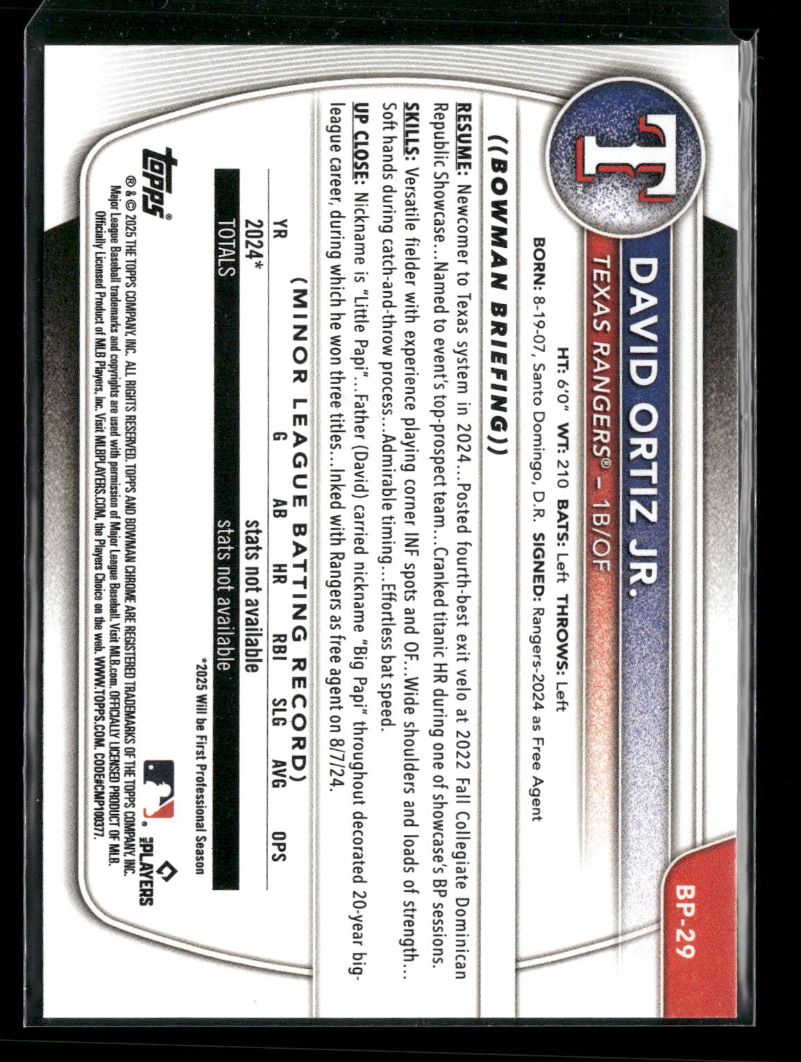 2025 Bowman David Ortiz Jr. #BP-29 1st Bowman