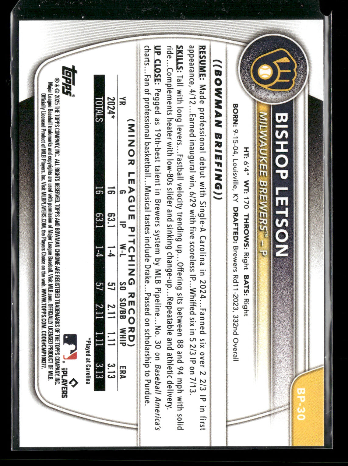 2025 Bowman Bishop Letson #BP-30 1st Bowman