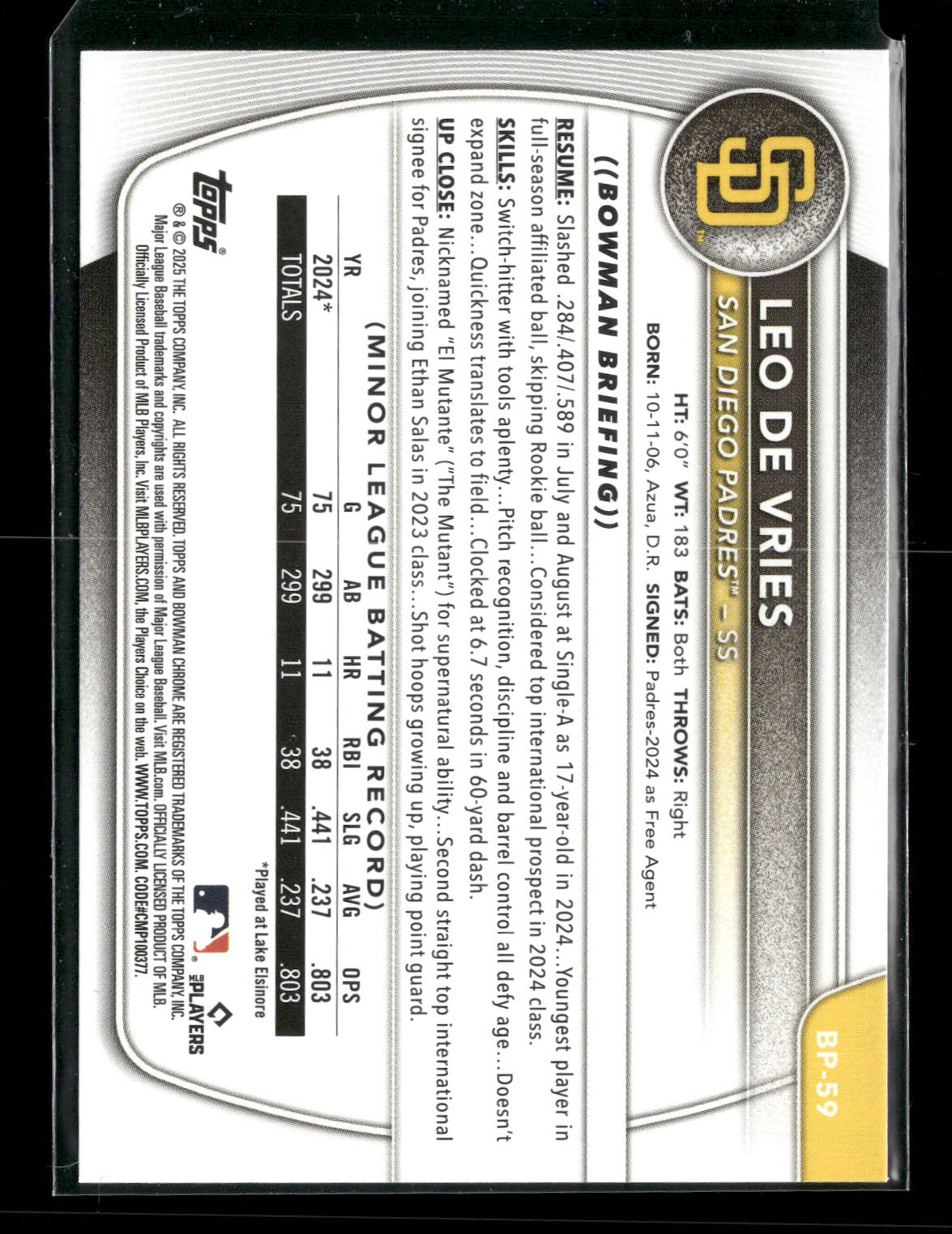 2025 Bowman Leo De Vries #BP-59