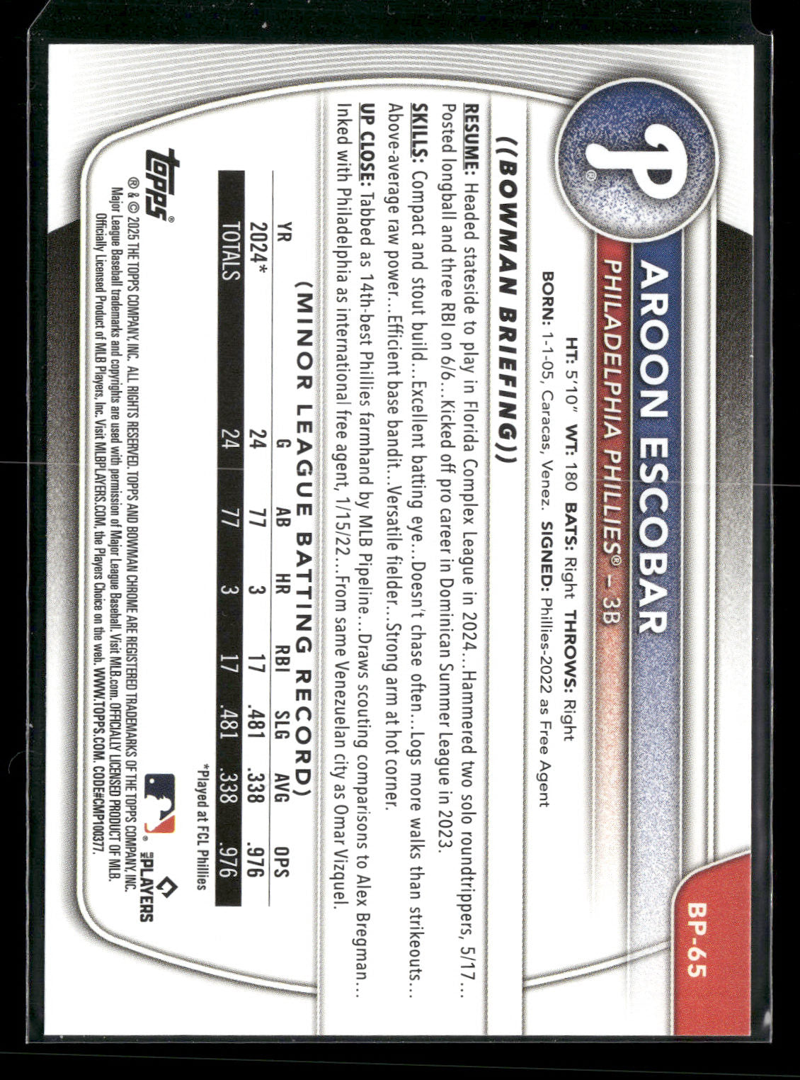 2025 Bowman Aroon Escobar #BP-65 1st Bowman
