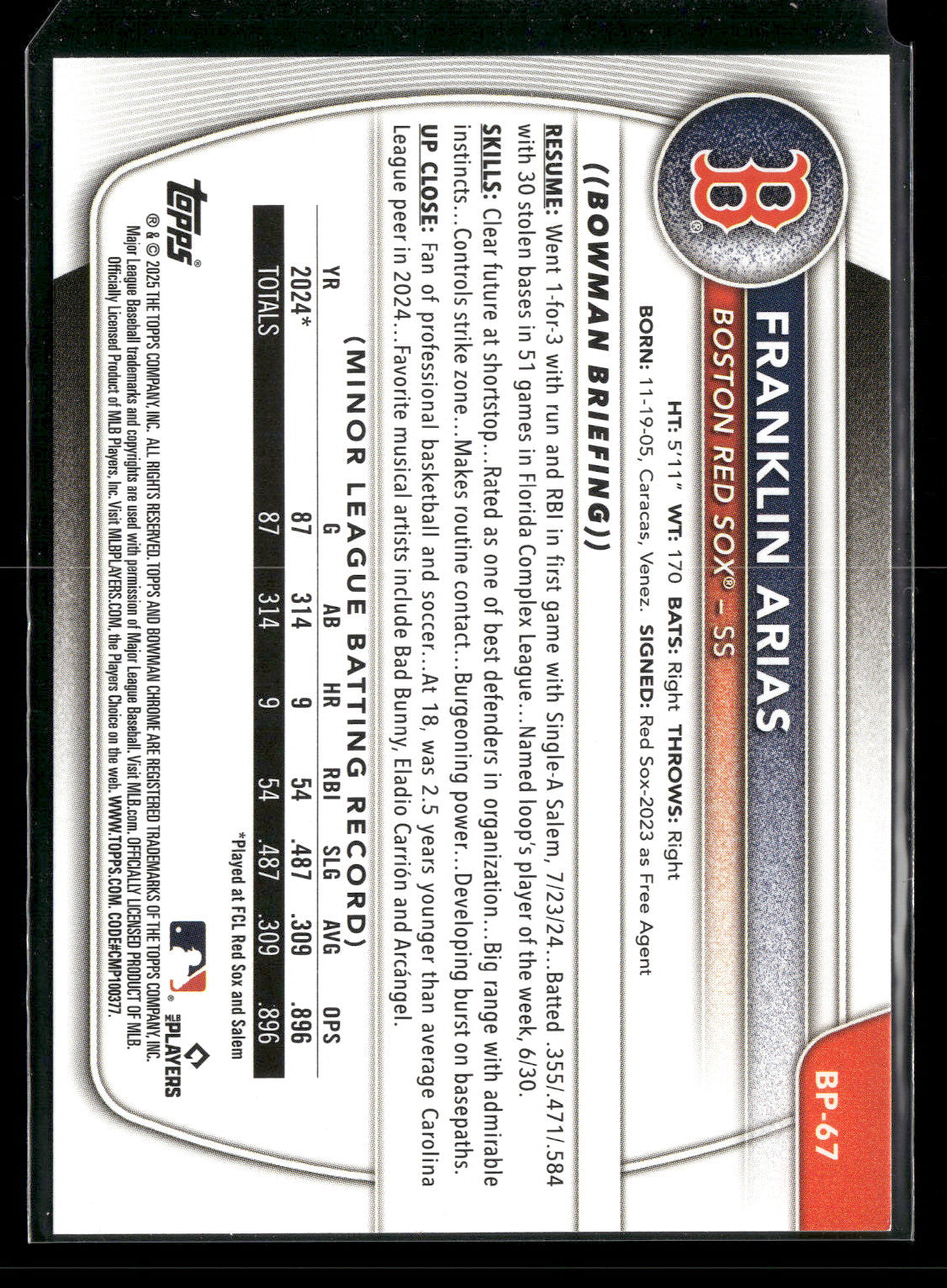 2025 Bowman Franklin Arias #BP-67 1st Bowman