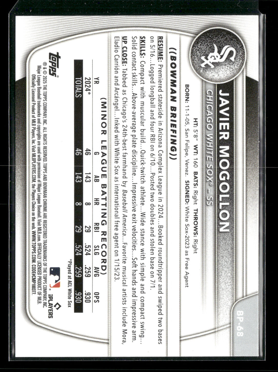 2025 Bowman Javier Mogollon #BP-68 1st Bowman
