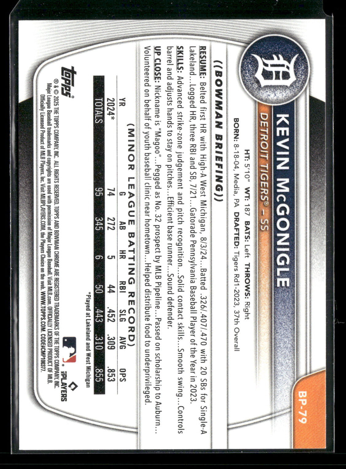 2025 Bowman Kevin McGonigle #BP-79 1st Bowman